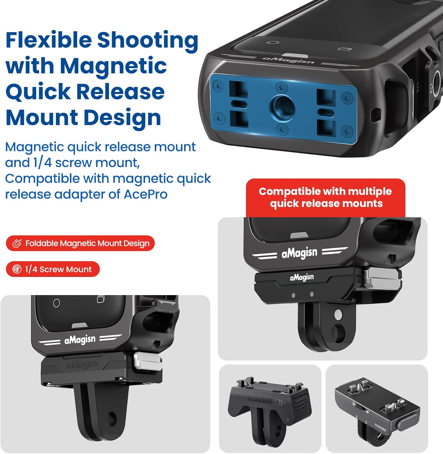 Adapter Compatible with Insta360 X4 Quick Release Metal Cage Utility Frame Cold Shoe Horizontal Case Mount/Magnetic Bracket, Black