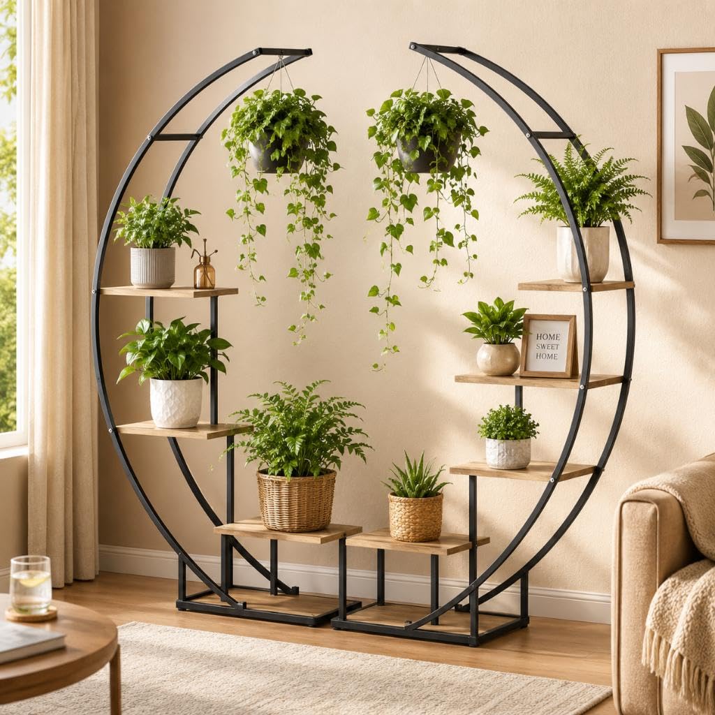 DanDiBo Regał na rośliny, do użytku wewnątrz pomieszczeń, 170 cm, metalowy, czarny, półokrągły, 96700, regał na kwiaty, duży okrągły stojak na rośliny