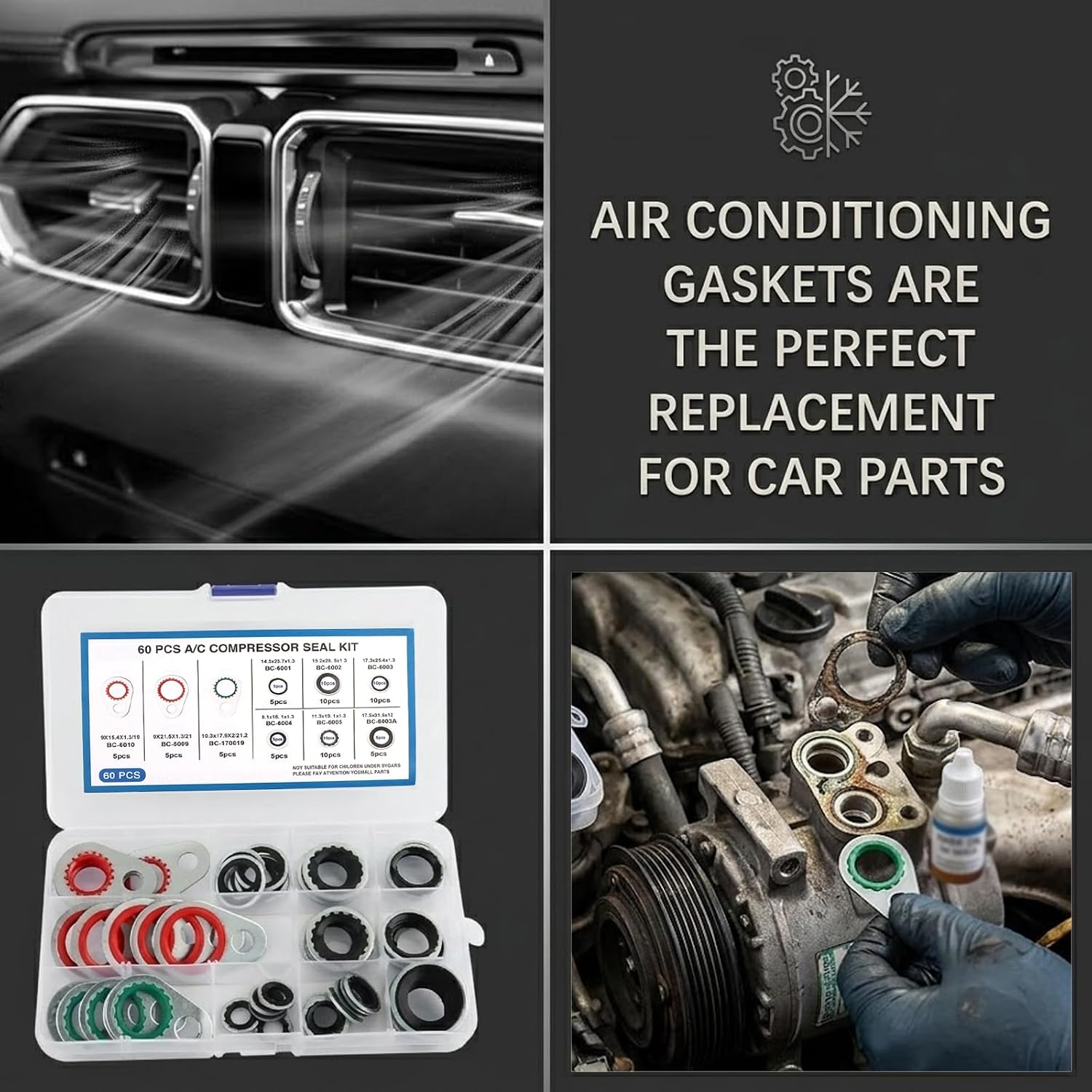 60PCS AC O Ring Kit Automotive,Multi-Size O Ring Assortment Kit for Air Conditioning System Parts Sealing,Universal AC O-Ring Kits Car Accessories Fits Most Vehicles
