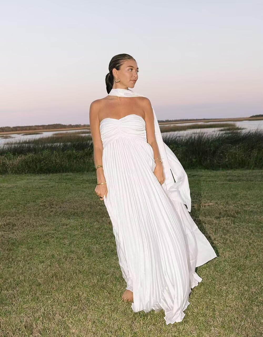 Chiffon Bridesmaid Dresses with Scarf Long Strapless Maxi Dress Pleated Formal Wedding Guest Dress