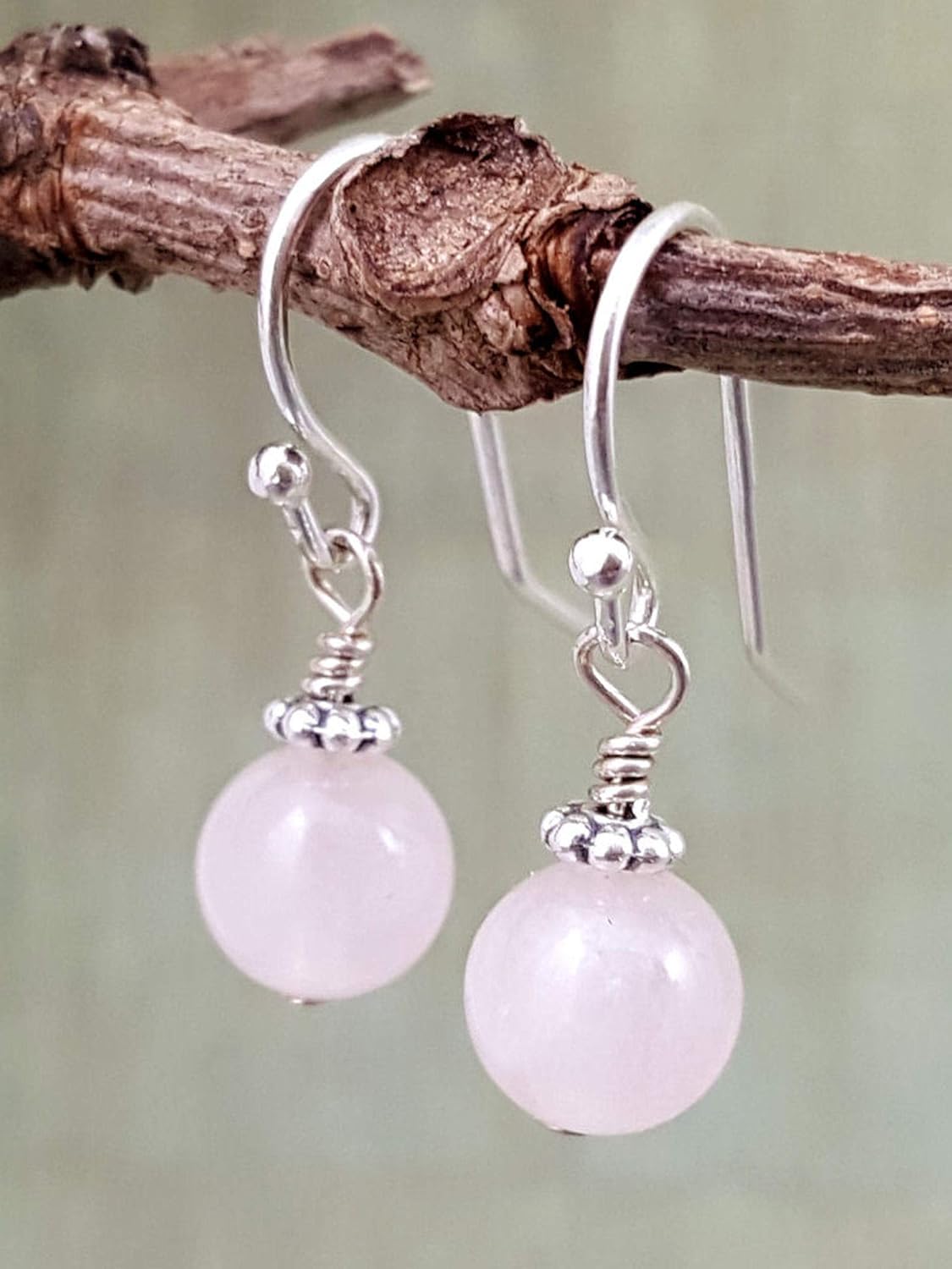 Sterling Silver Rose Quartz Beaded Drop Earrings, Handmade Gemstone Dangle Jewelry - Image 3