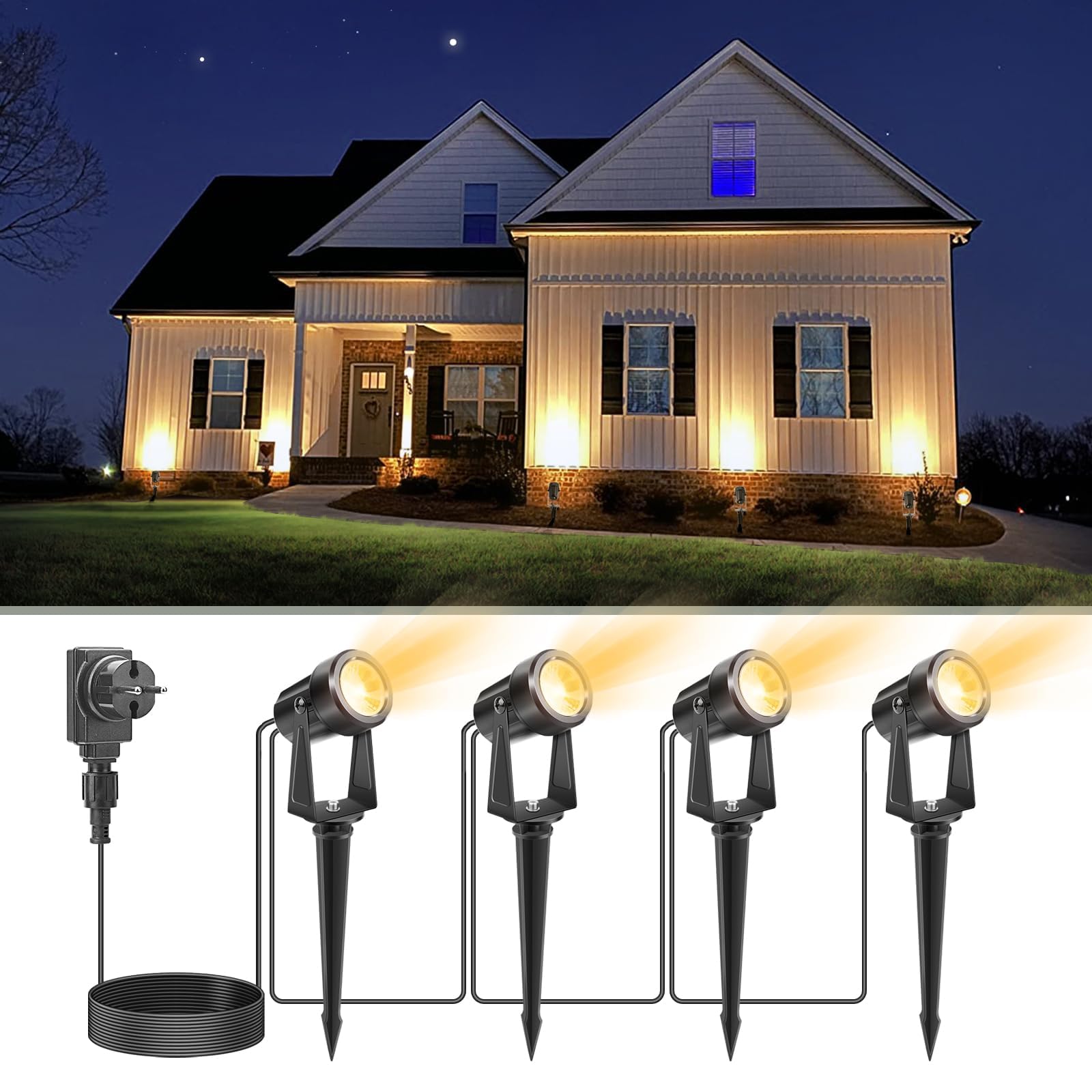 Hiboitec 12 W tuinschijnwerper voor buiten, 4 stuks, waterdichte tuinverlichting met grondpen, 1,5 m stekker, 2700 K warm wit led-tuinverlichting voor buiten voor erf, pad, tuin, terras, wegen Hiboitec 12 W tuinschijnwerper voor buiten, 4 stuks, waterdichte tuinverlichting met grondpen, 1,5 m stekker, 2700 K warm wit led-tuinverlichting voor buiten voor erf, pad, tuin, terras, wegen
