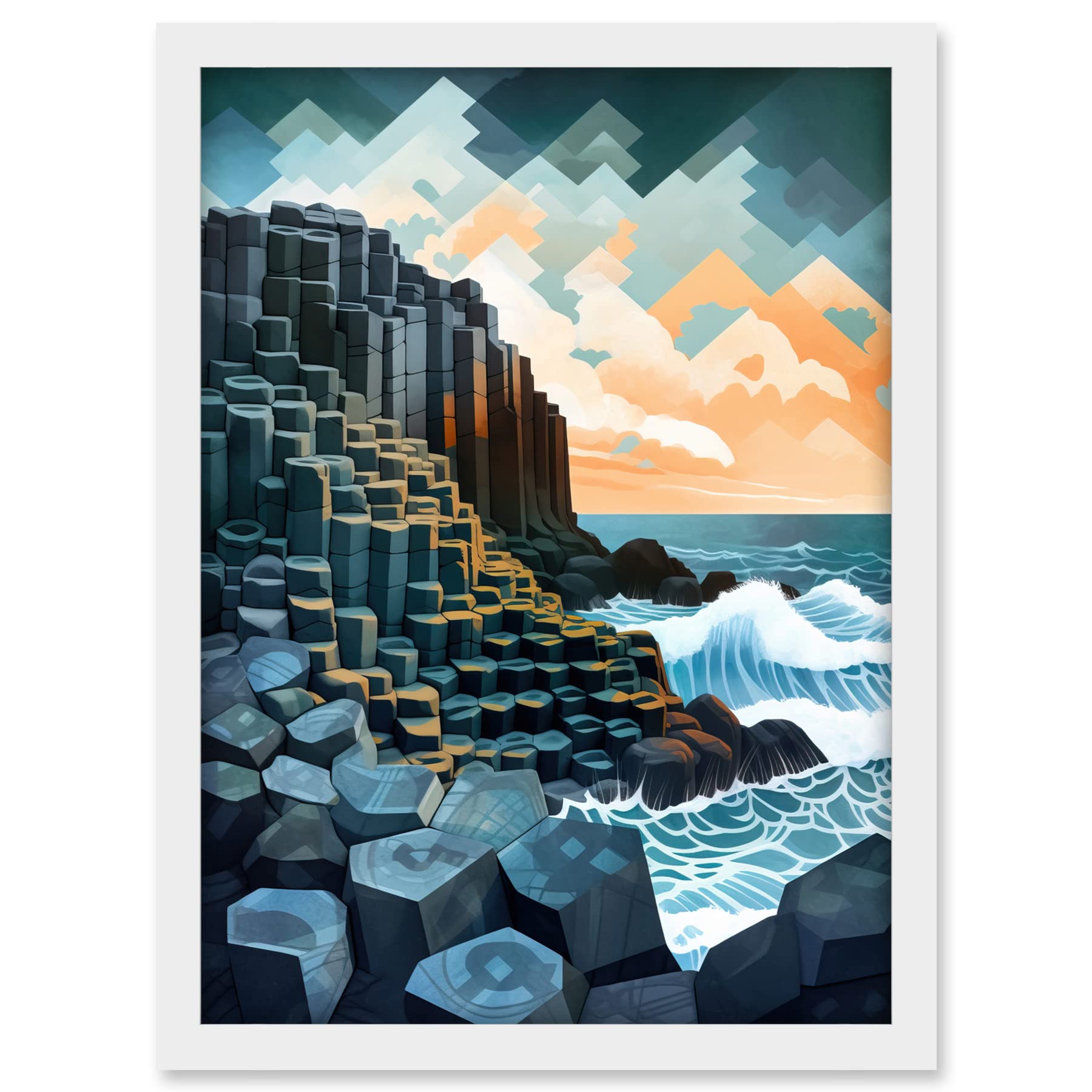 Artery8 Giant's Causeway Northern Ireland Basalt Formations and Polygonal Clouds Modern Watercolour Painting Artwork Framed A3 Wall Art Print