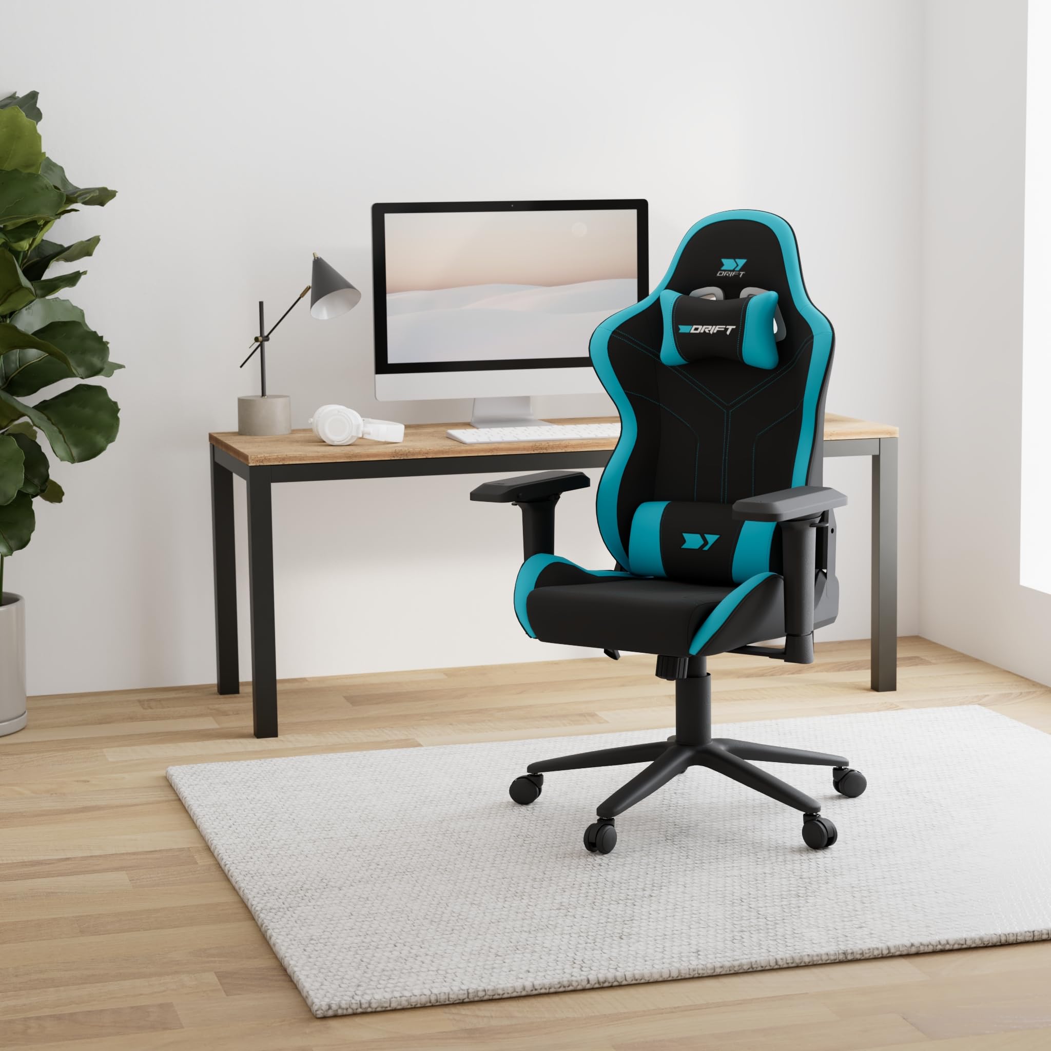 DRIFT GAMING DR110 - Silla Gaming Profesional, Tejido Fabric Alta transpirabilidad, reposabrazos 4D, Ruedas silenciosas, pistón Clase 4, inclinación, cojín Lumbar y Cervical, Color Negro/Azul