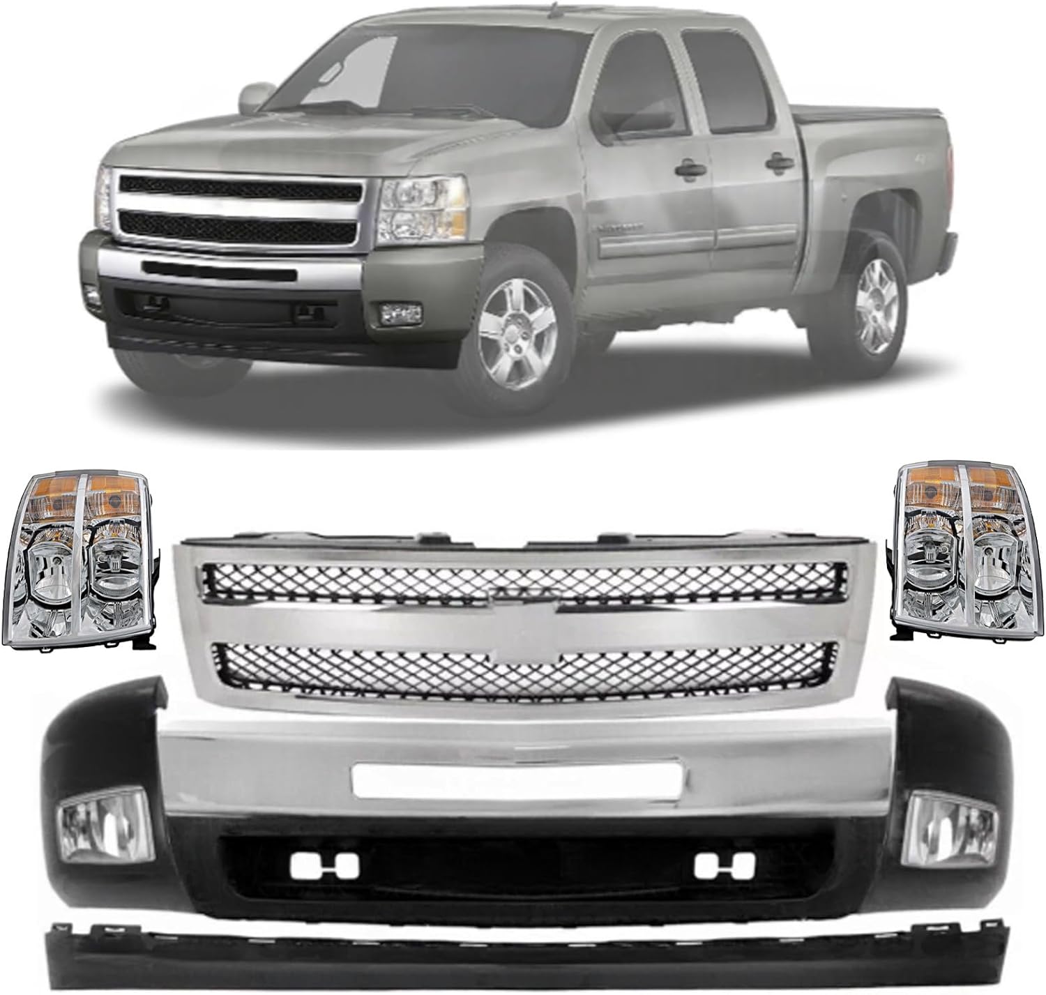 Front Bumper Chrome & Headlights Kit Fit for Chevy Silverado 1500 2007-2013 Bumper Grille Cover Headlight Kit