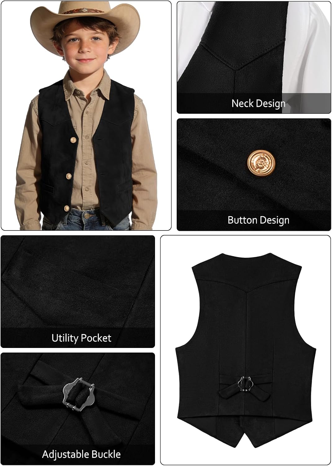 Retro Boys Western Cowboy Vest for Kids Leather Suede Waistcoat