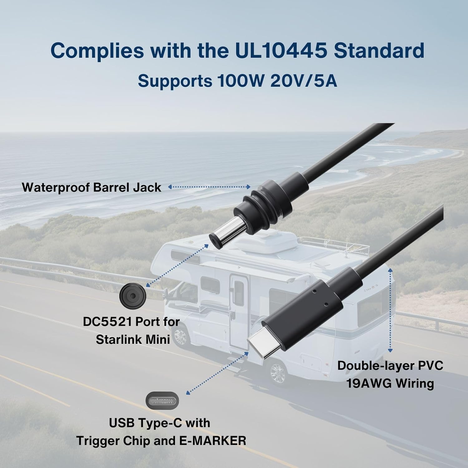 DC to USB-C Power Cable for Starlink Mini 15M/50FT, Support PD 100W 20V/5A Input, 19AWG Cord & Waterproof Barrel Jack, Compatible with USB-C PD Power Bank Charger Power Supply
