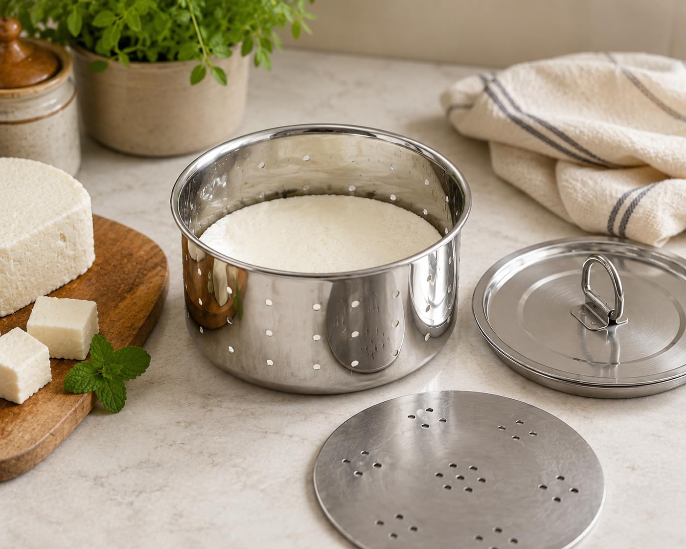 Durable Stainless Steel Round Paneer Maker Press 350 ml with Strainer & Lid | Homemade Fresh Paneer, Tofu, Cheese & Greek Yogurt Maker Presser | Easy Indian Cottage Cheese Mould Machine 5.5 x 3 Inch
