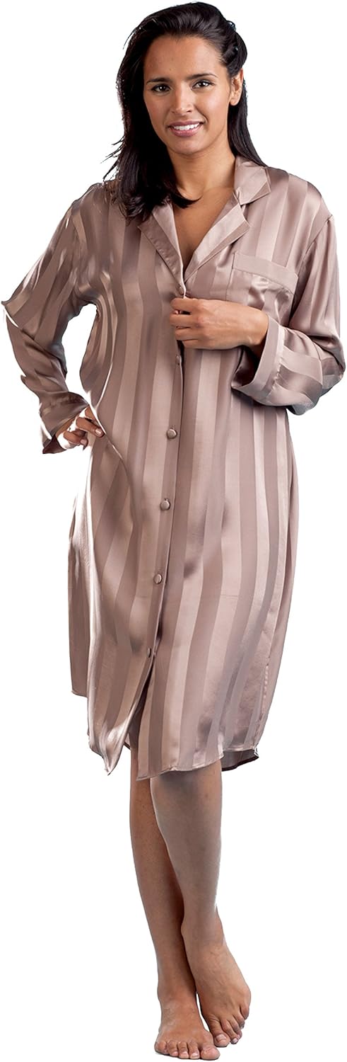 LA CERA Women’s Silk Sleep Shirt, 100% Silk Long Sleeve Button Front Nightshirt with Jacquard Stripes