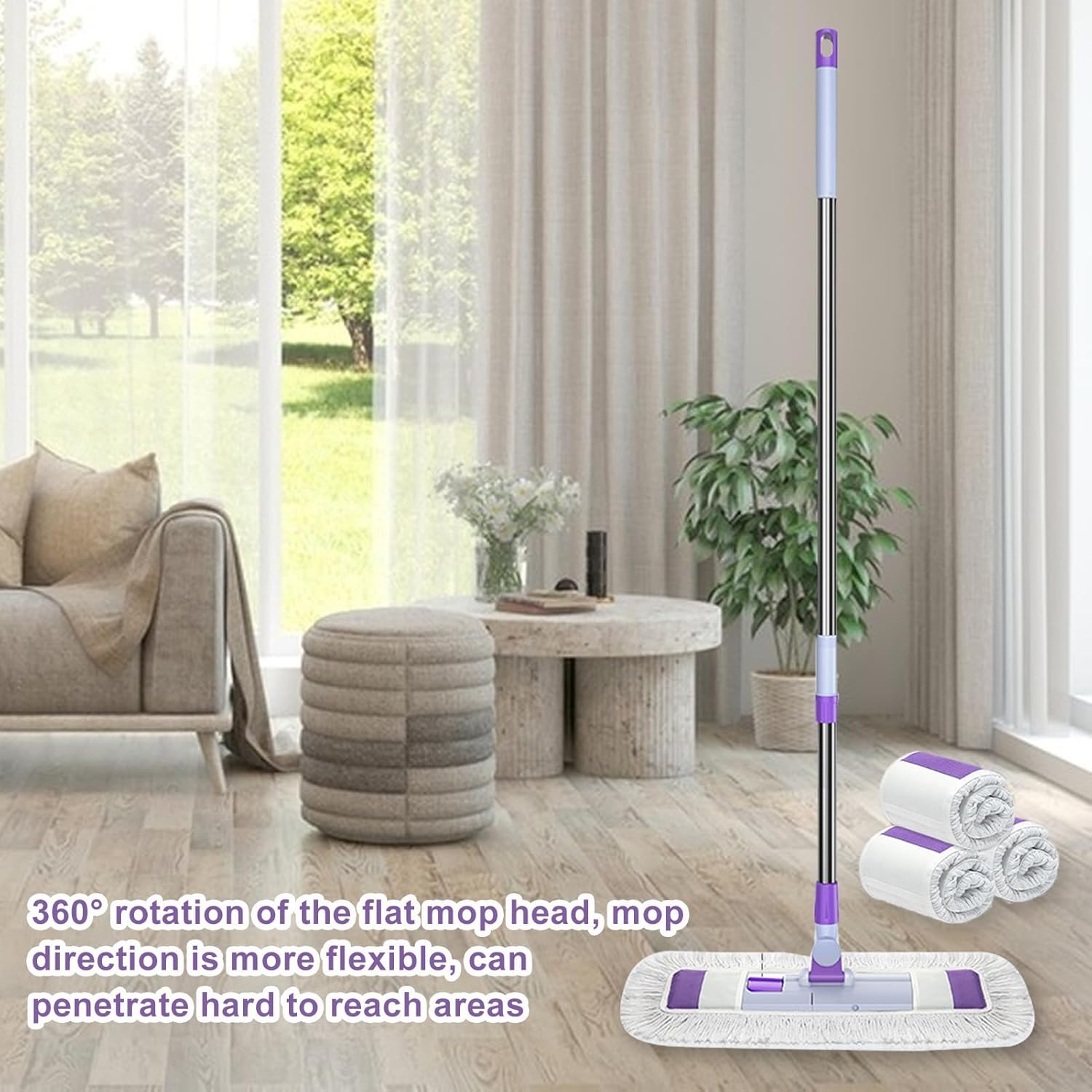 Home Mop Set with Replaceable Washable Pads 360 Degree Rotating Head Telescopic Stainless Steel Pole Mop 3PCS