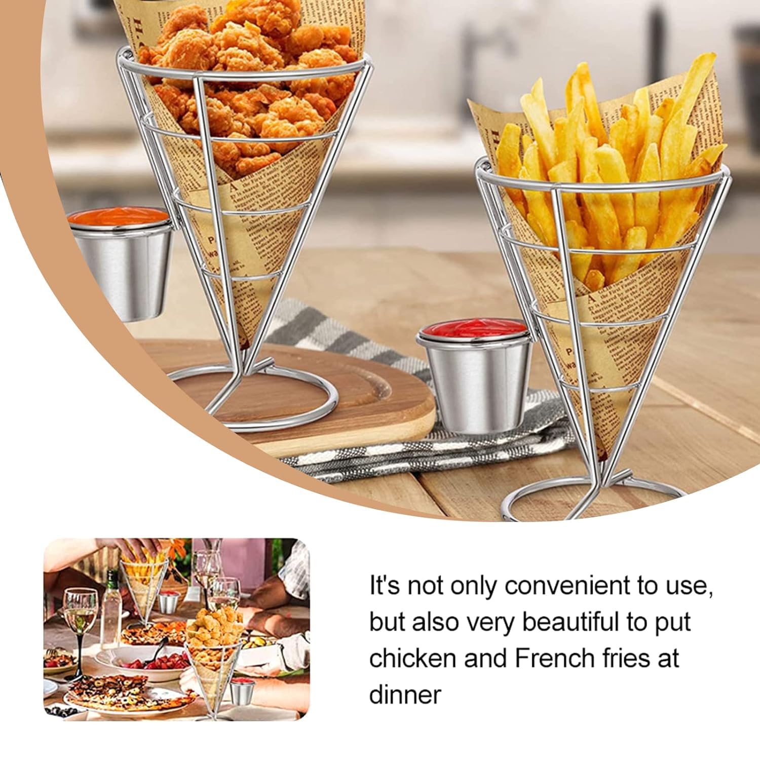 Frittierhalter für Pommes Frites, mit Soßenbecher, Metalldraht, für Speisen, Eiscreme, Buffet, Abendessen, Partys, 4 Stück
