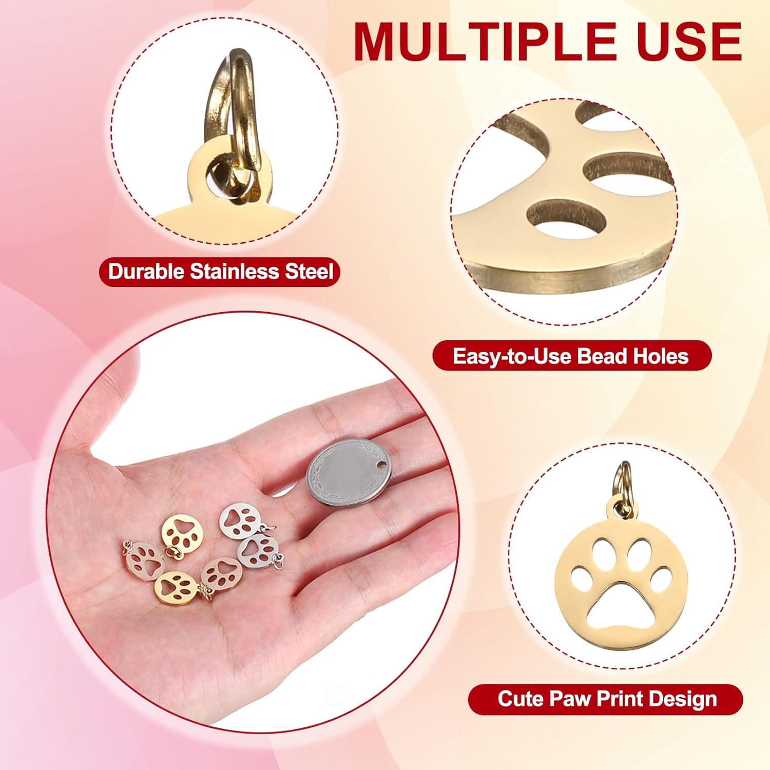 PATIKIL Dog Paw Print Charms 3mm, 20 Pcs Round Cat Dog Paw Pendant Cute Hollow Pet Animal Footprint Pendants Keychain Charm for DIY Jewelry Making Necklace Bracelet, Gold - Image 3