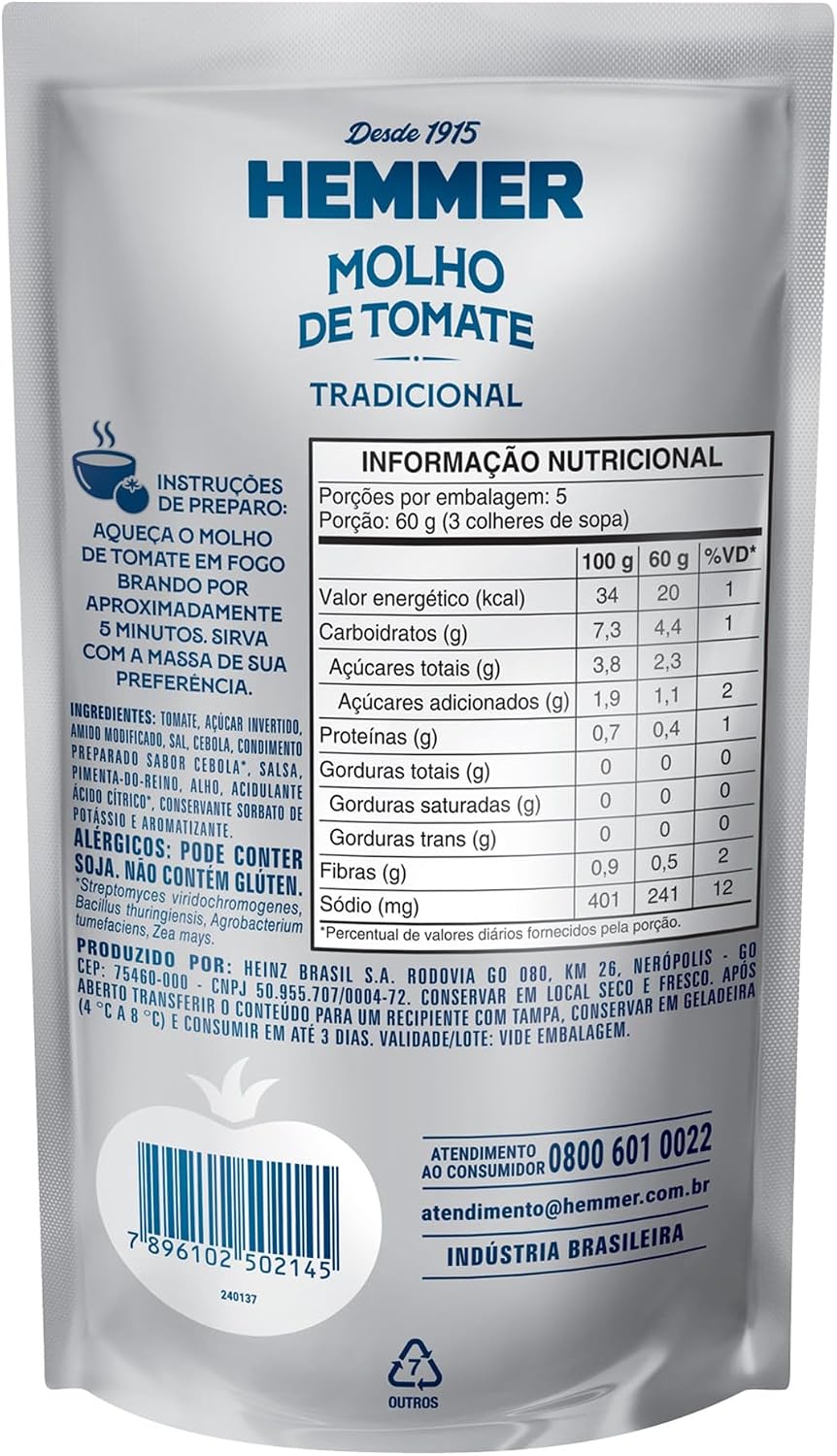 Hemmer Molho De Tomate Tradicional 300G