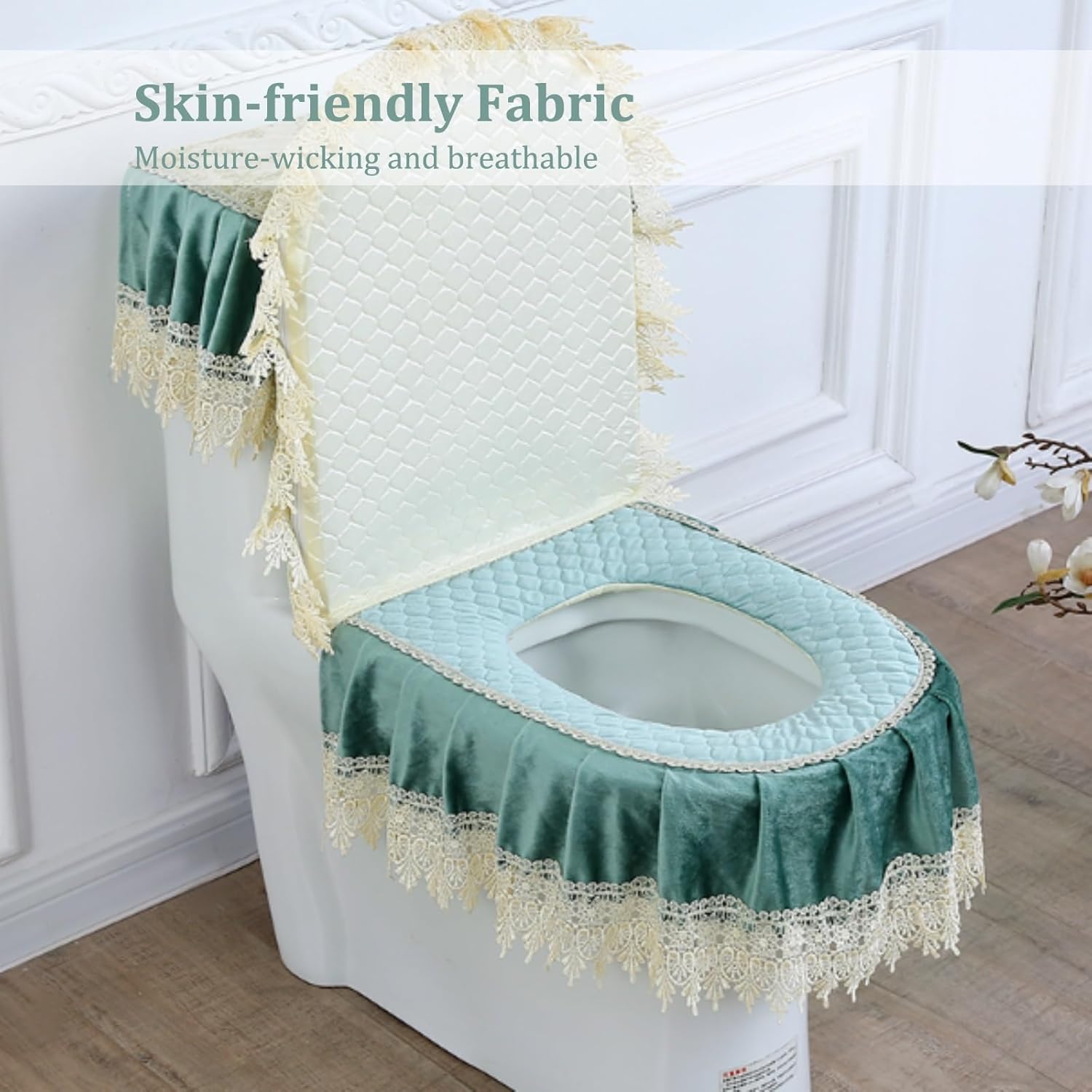 3PCS Toilet Seat Cover Set,Soft Microfiber Bathroom Toilet Lid Cover,Warmer Comfortable Seat Cushions,Embroidery Lace Toilet Mat for All Seasons(E)