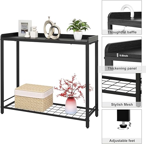 Miniatura 4 de Mesa de entrada de 39.4 pulgadas con estantes de rejilla de metal, mesas de sofá estrechas de 2 niveles y mesas de consola con deflector, mesa