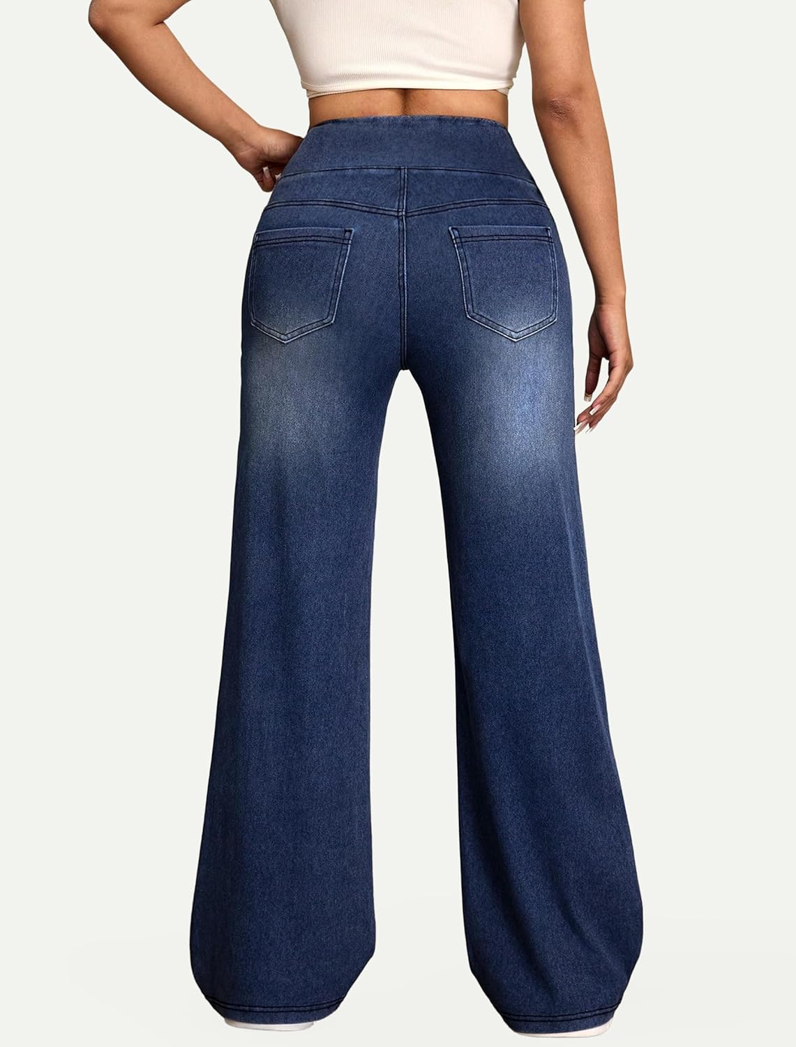 IWD Wide Leg Jeans for Women High Waisted Stretchy Trendy Pull On Jeans Straight Baggy Loose Casual Denim Pants Dark Blue, X-Large