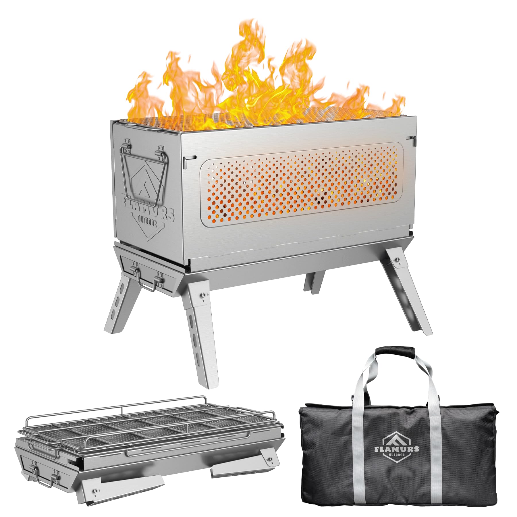 Flamurs 20-Inch Smokeless Fire Pits for Outdoor - Portable & Easy to Assemble - Stainless Steel FirePit with Grill, Removable Ash Pan & Carry Bag.