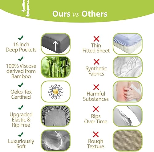 Vista 18 de BAMPURE - Juego de sábanas de 100 % viscosa de bambú, refrescantes, suaves, bolsillo profundo de hasta 16 pulgadas, 1 sábana encimera, 1 sábana Gris