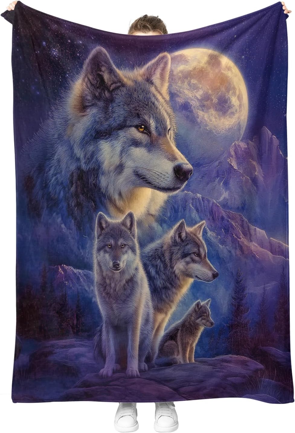 Wolf Starry Sky Moon Blanket for Adults Kids Mountains Trees Decor Gifts for Women Men Boys Girls Birthday Christmas Halloween Easter Dad Wife Mom Husband Boyfriend Throw Blanket 60"x80"