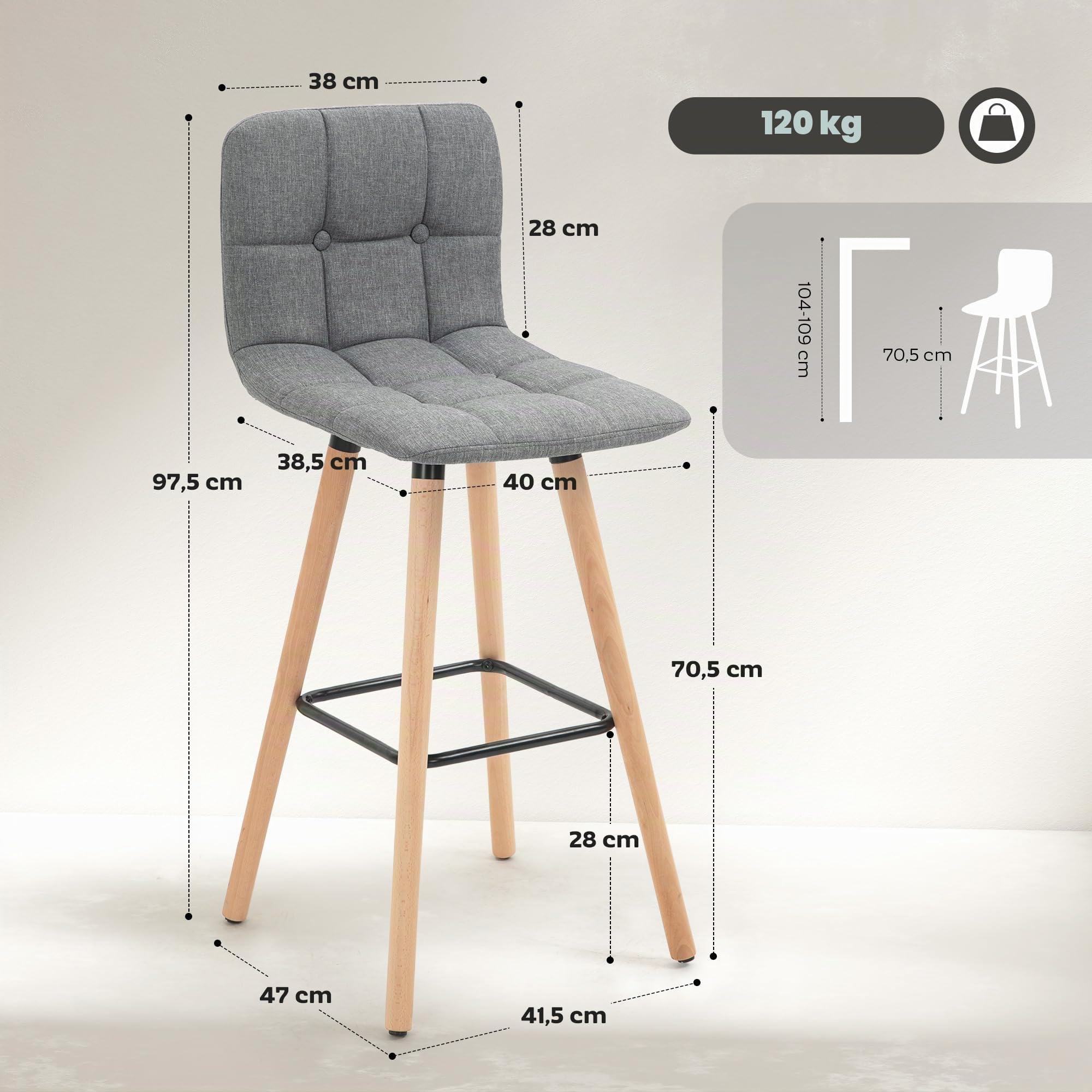 HOMCOM Juego de 2 Taburetes de Bar Taburetes Altos de Cocina Gris | Respaldo, Reposapiés, Patas de Madera, Estilo Moderno, Sillas Altas para Comedor, Salón, Bistró