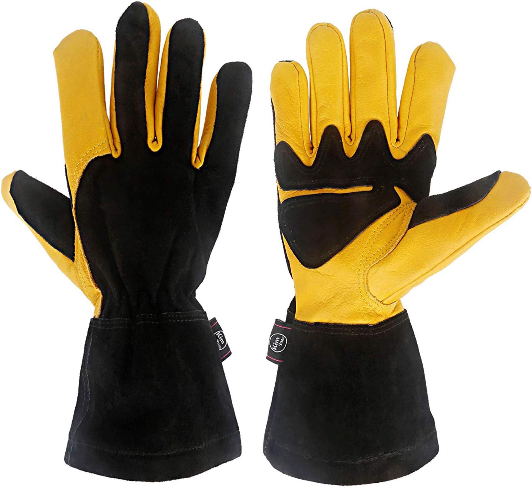 Kim Yuan Leather Gardening Gloves, Anti-Scalding, Heat-Insulating, Comfortable Work Gloves for Oven, Electric Welding, Black-Yellow 14 inches 1 Pair