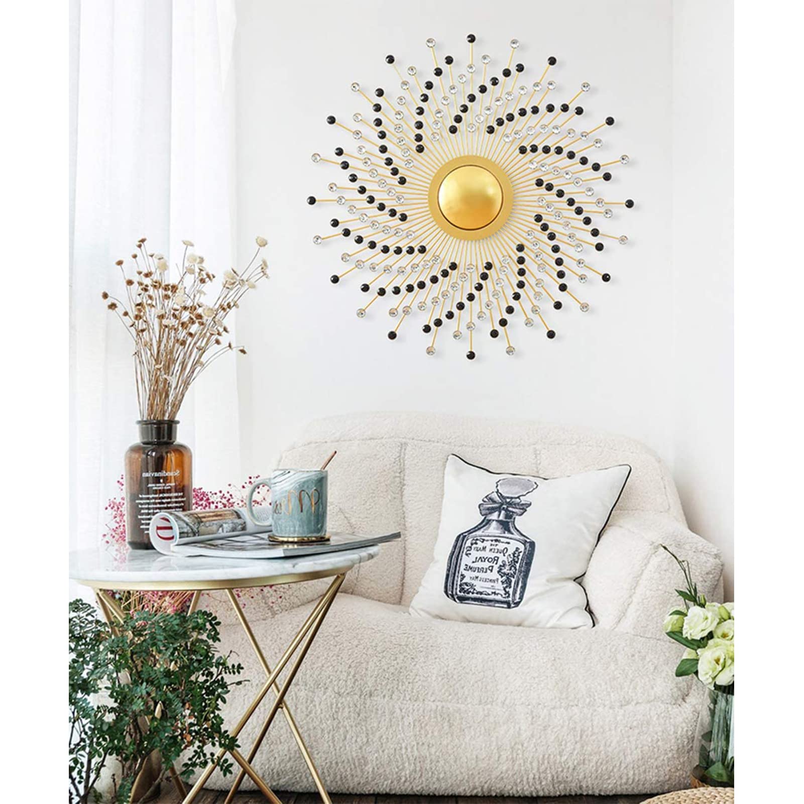 Großer runder Dekorative Wandspiegel, Gold Metall Rahmen Sunburst Dekorativer Wandspiegel, Wohnzimmer, Esszimmer, Flur Veranda Hängespiegel,Typeb,70cm(28inch)