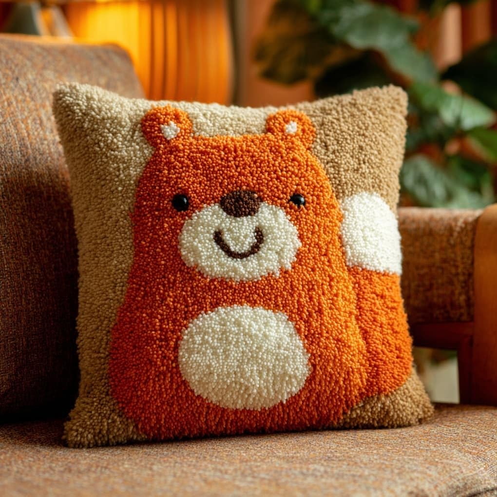 Henypt DIY Latch Hook Cushion Cover Kit 43x43cm,Smiling Squirrel Full Accessories Yarn Craft Set,Ideal Gift for Adults,Kids & Craft Enthusiasts