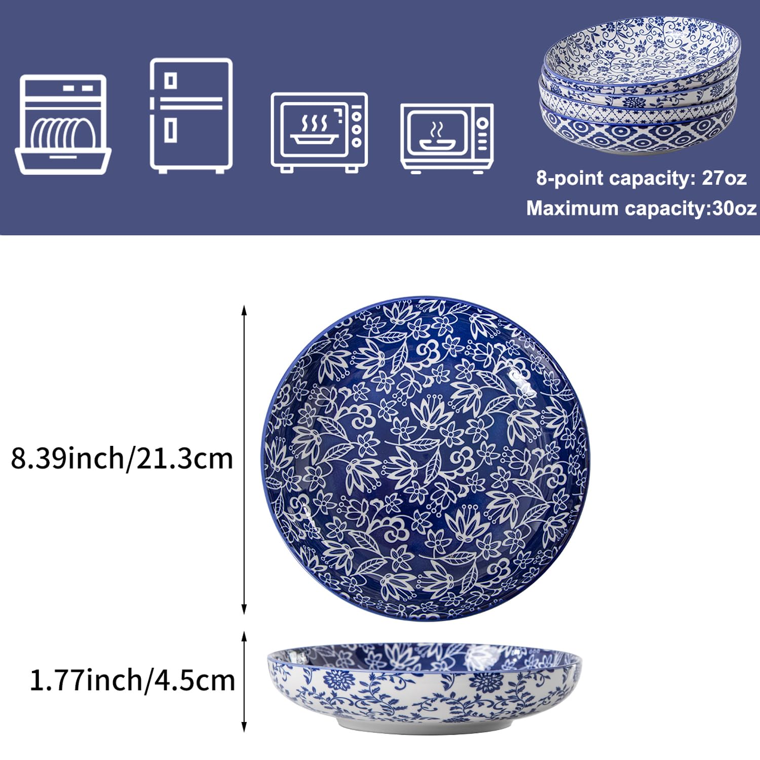 Pastaschüssel-Set aus Keramik, 900 ml, Porzellan, Servierschüsseln, Suppe, Müslischalen, 21,6 cm breit und flach, Mikrowellen- und spülmaschinenfest, Vintageblau, 4 Stück
