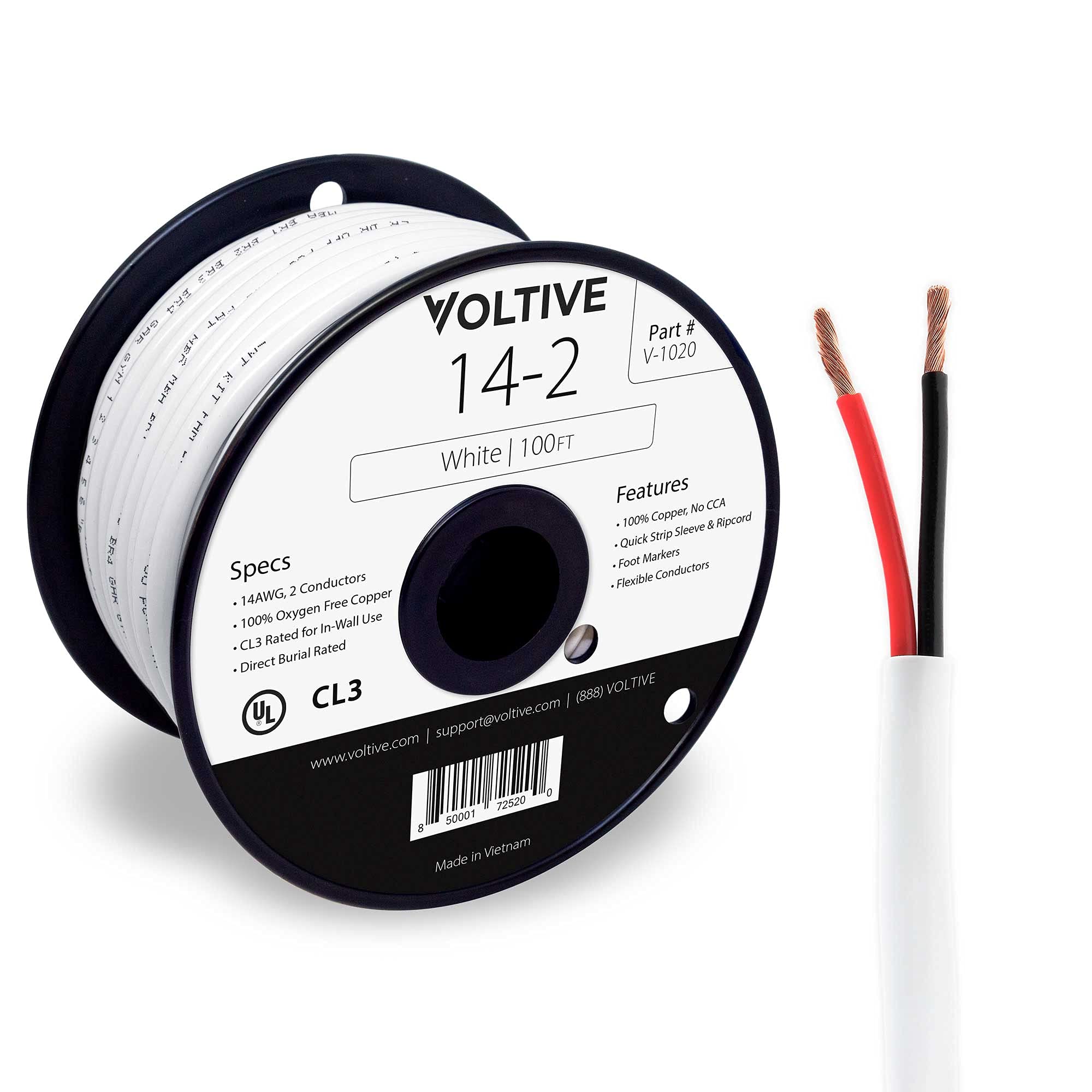 Voltive 14/2 Speaker Wire - 14 AWG/Gauge 2 Conductor - UL Listed in Wall (CL2/CL3) and Outdoor/In Ground (Direct Burial) Rated - Oxygen-Free Copper (OFC) - 100 Foot Spool - White