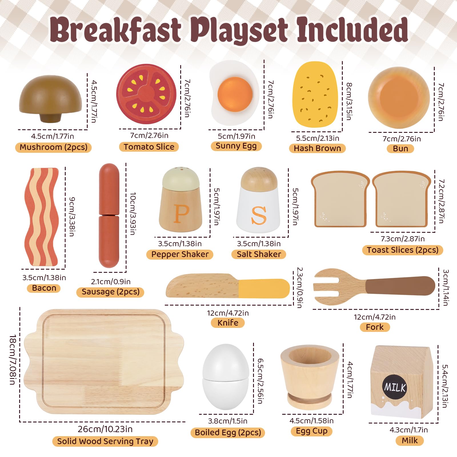 Airlab Jouet en Bois Petit-déjeuner pour Dinette Enfant, Jeux Ustensile Accessoire Cuisine Bois Enfant avec Couteau Aliment Nourriture, Kit Cadeau Anniversaire Pâques Halloween Noël Garçon Fille Bébé