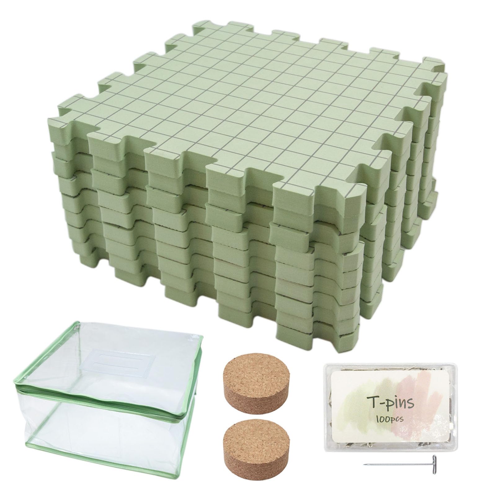 FackLOxc 9Pcs 32x32cm Foam Knitting Blocking Mat Set with 100Pcs 38mm T Pin and Wood Needle Cushion for Granny Squares Making Portable Knitting Board