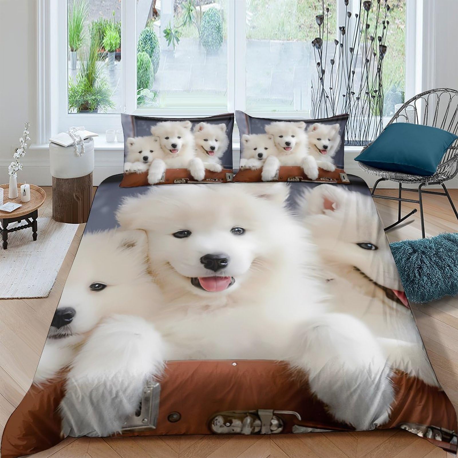 Ctjqhvkz Style-9 3D Printed Fluffy White Puppy Fitted Sheet Microfiber Soft Breathable Dog Bed Cover For Bedroom Guest Room Decor Single（135X200cm）