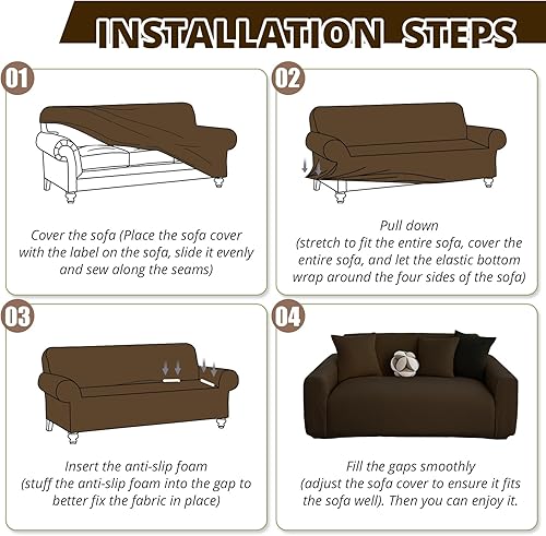 Miniatura 5 de Funda elástica impermeable para sofá con reposabrazos, funda protectora contra manchas con forro (café, 2 asientos (57 a 70 pulgadas)