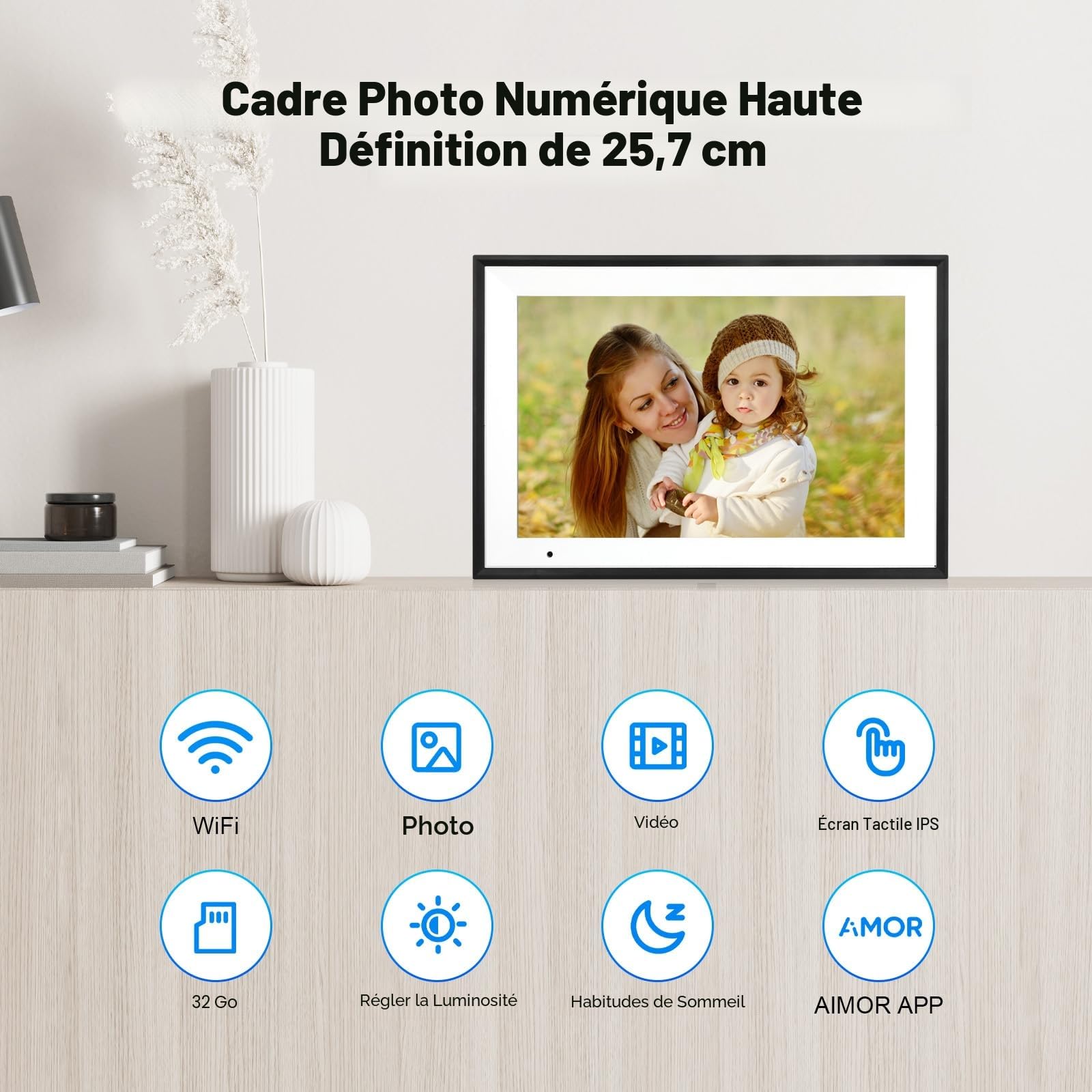 AEEZO Cadre Photo Numérique 10,1 Pouces WiFi (32 Go) - Écran Tactile IPS HD 1280x800 - Rotation Automatique, Partage Instantané Depuis Smartphone/Cloud - Cadre Photo Connecté pour Famille