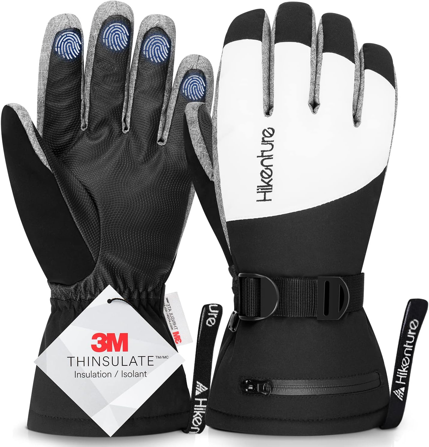 HIKENTUREHikenture Ski Gloves for Men Women-Waterproof Snow Gloves with 3M Thinsulate-Touchscreen Snowmobile Gloves with Zipper Pockets(Grey M)