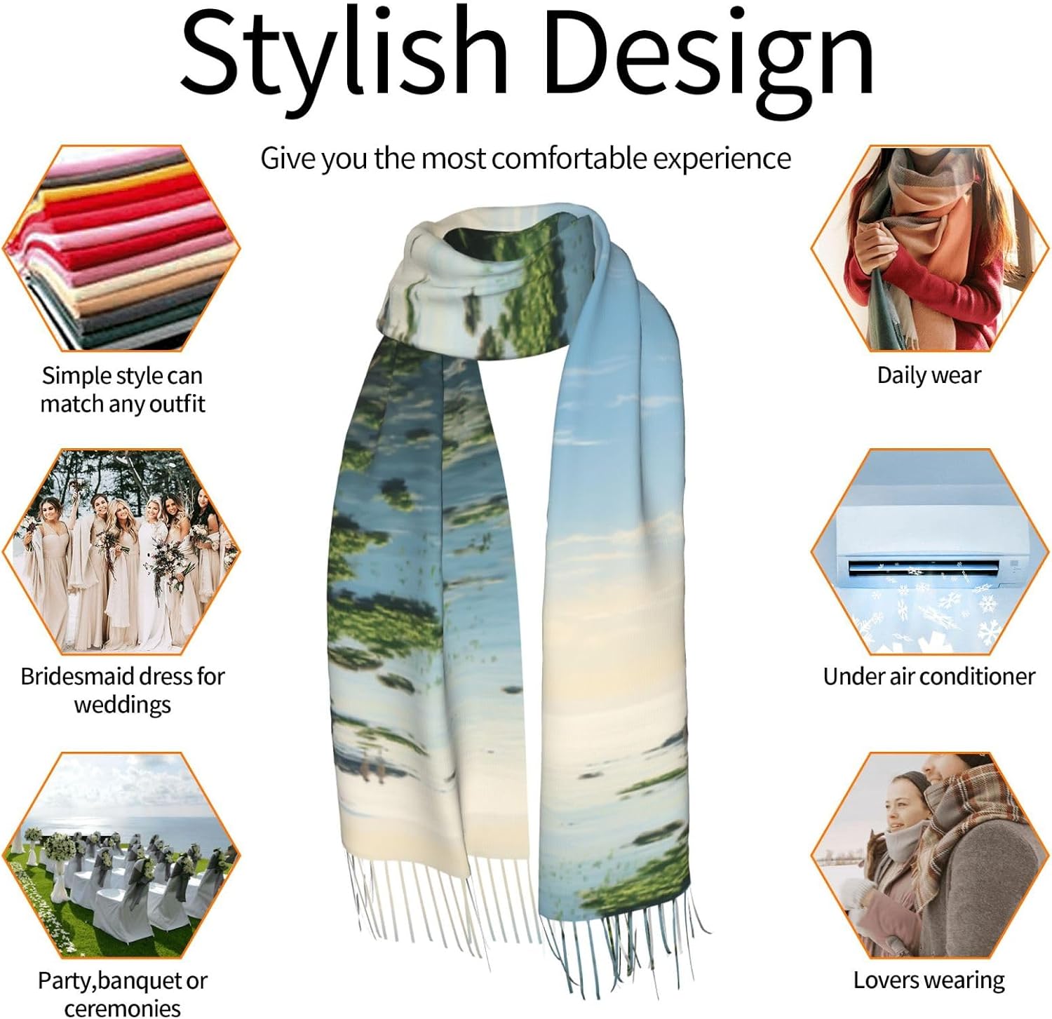 Man Seascape Scarf for Women Winter Warm Scarves, Cashmere Feel Tassel Fashion Scarfs, Pashmina Shawl and Wraps