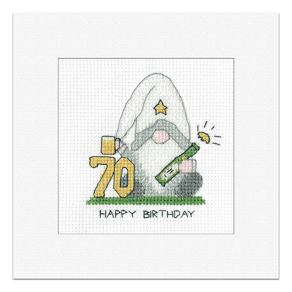 Heritage Crafts Gonk - 70th Birthday Card Male Cross Stitch Greeting Card Kirsten Roche Gonks