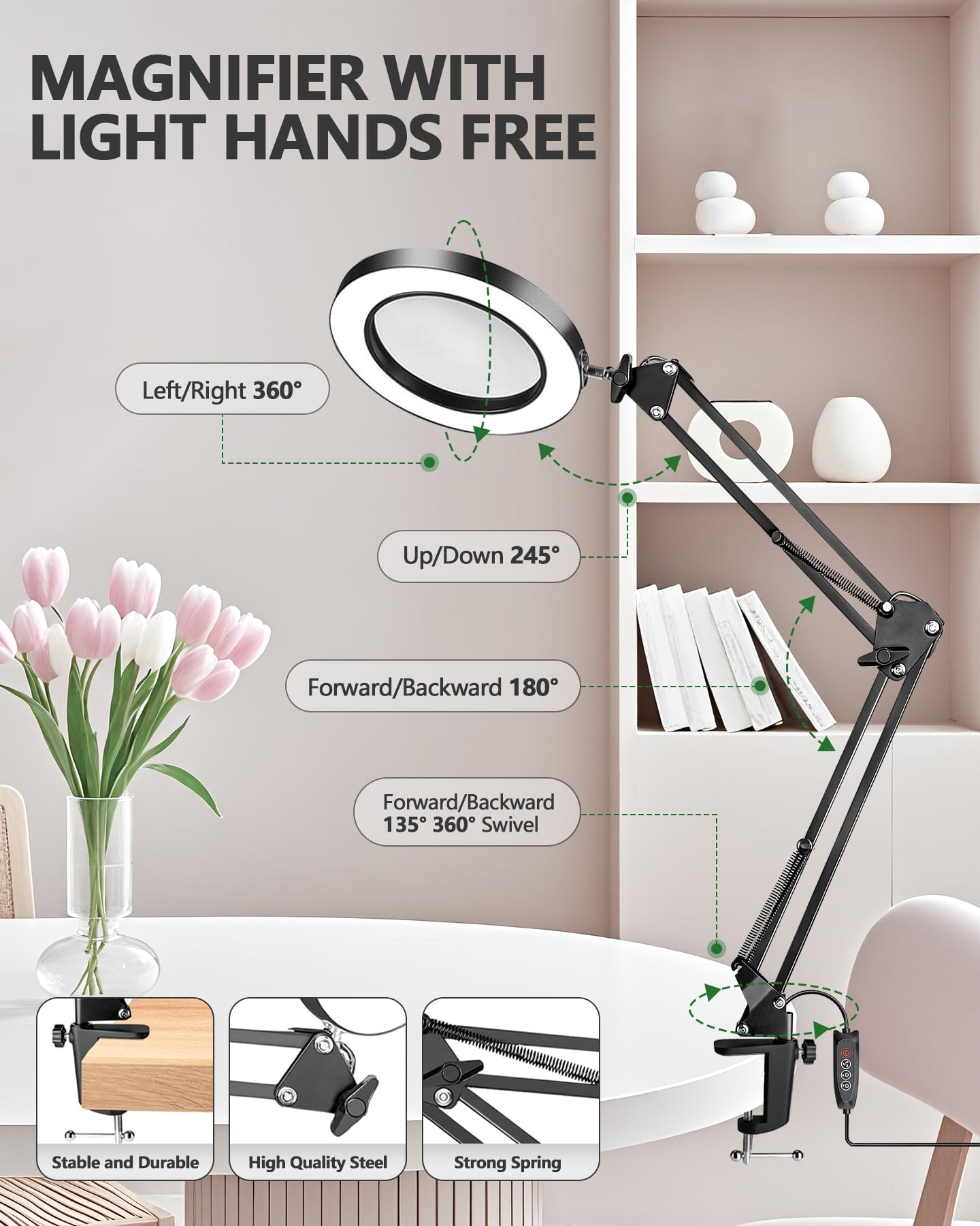 TANYO 10X Lampada con Lente di Ingrandimento, 72 LED, 3 Colori 10 Livelli Luminosità