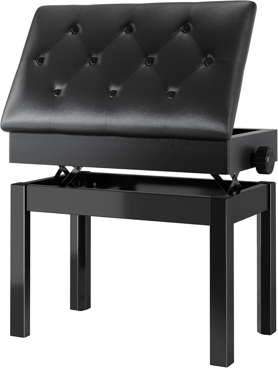 MAMIZO Piano Stool Height Adjustable 56x33x48-58CM, Piano Bench with Storage Space, Keyboard Stool with PU Leather Cushion, Wooden Piano Chair with 4 Pcs Legs for Vanity, Living Room, Bedroom, Black