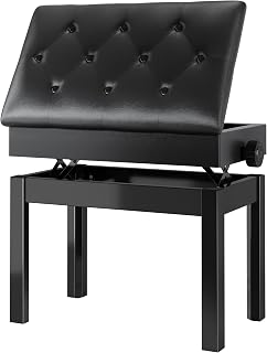 Banqueta Piano Regulable en Altura 56x33x58CM, Banco Piano con Espacio de Almacenamiento, Silla de Piano, Banqueta de Piano Carga Máxima 150KG, 4 PCS Patas Piano Madera Maciza, Negro