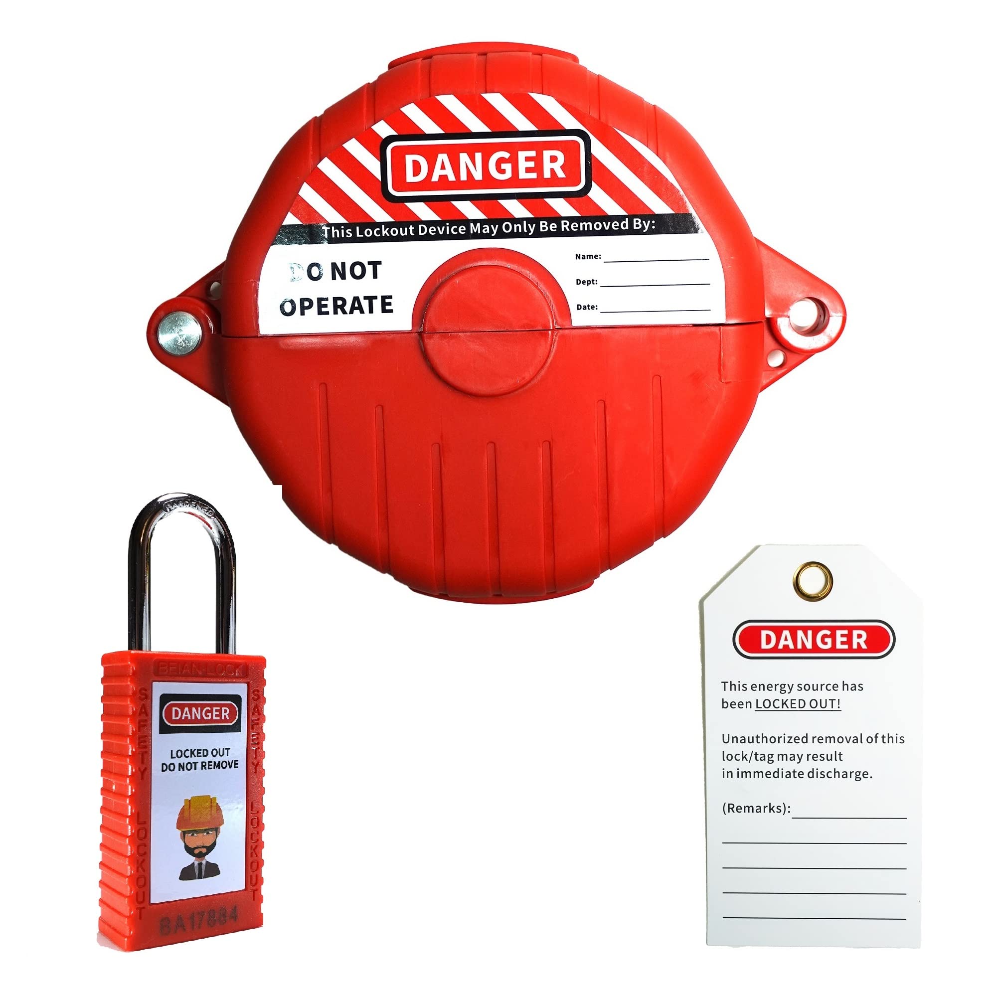 Loto Gate Valve Lockout Set Beian-Lock - Loto Red Ball Valve Lockout, Lockout Safety Tag, Safety Lockout Padlock Keyed Different (Long Padlock)