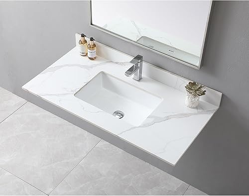 Miniatura 2 de Carrara Gold - Tocador de baño de 43 pulgadas, encimera de tocador de piedra sinterizada dorada con fregadero rectangular de cerámica y salpicadero