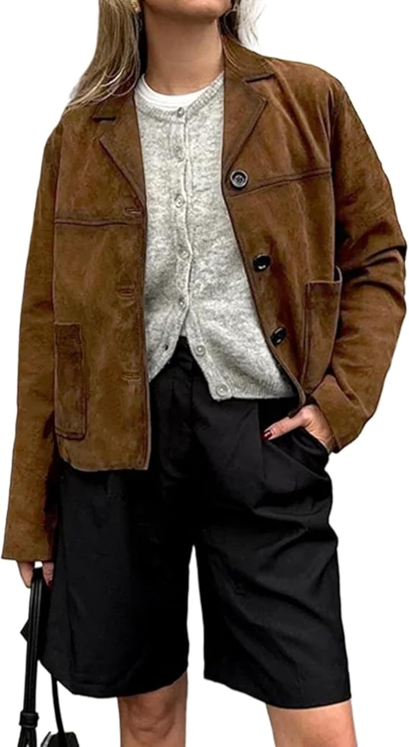 VCMSuede Jacket Women Y2k Outerwear Faux Leather Cropped Blazer Bomber Jacket Old Money Fall Fashion 2024 Trendy