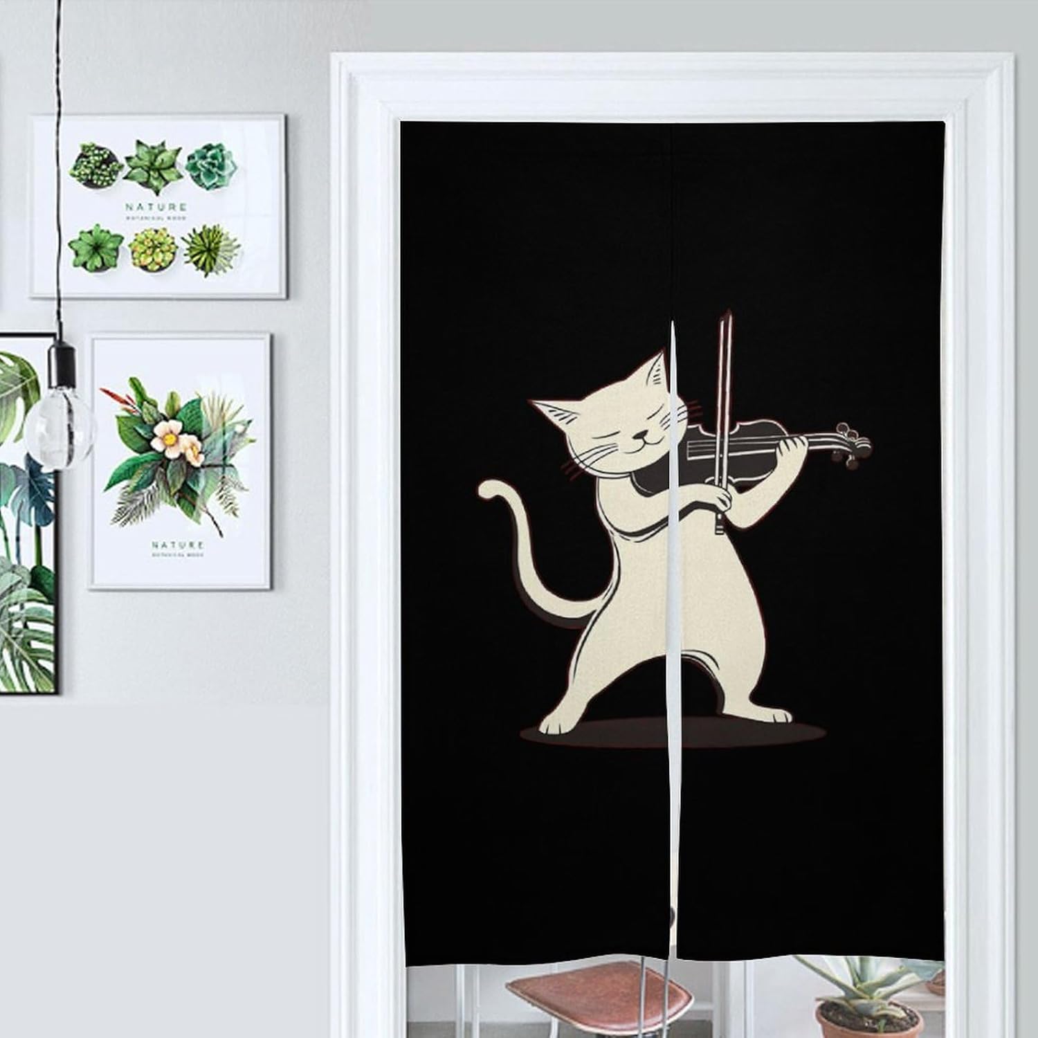 Cat Playing Violin Noren Doorway Split Shower Curtain Long Type Window Treatment for Privacy Partition Divider