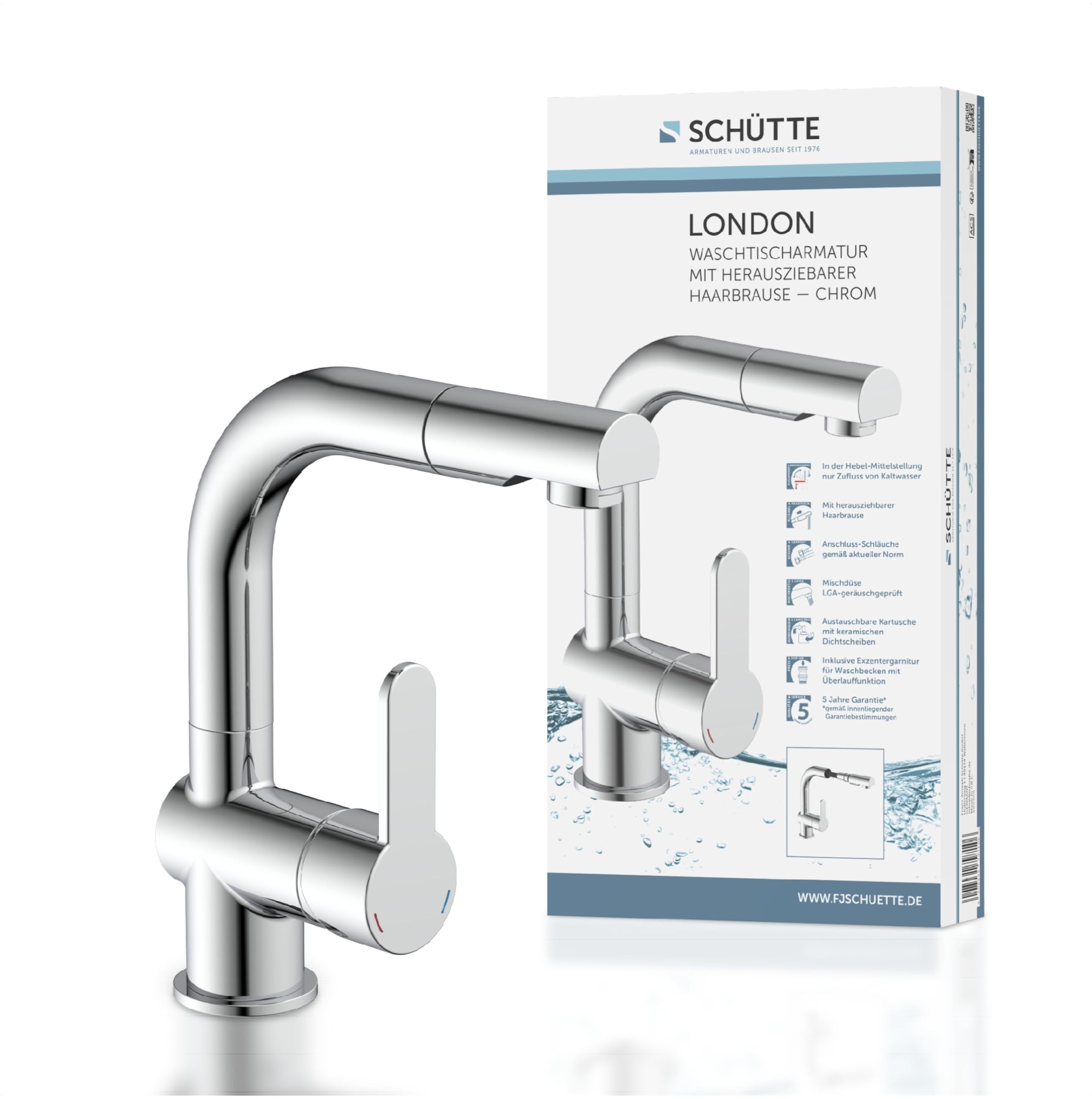 Schütte 79710 Grifo de baño extraíble, alcachofa, Ideal para Lavar el Pelo, Mezclador Monomando con desagüe en Cromo, Cromado
