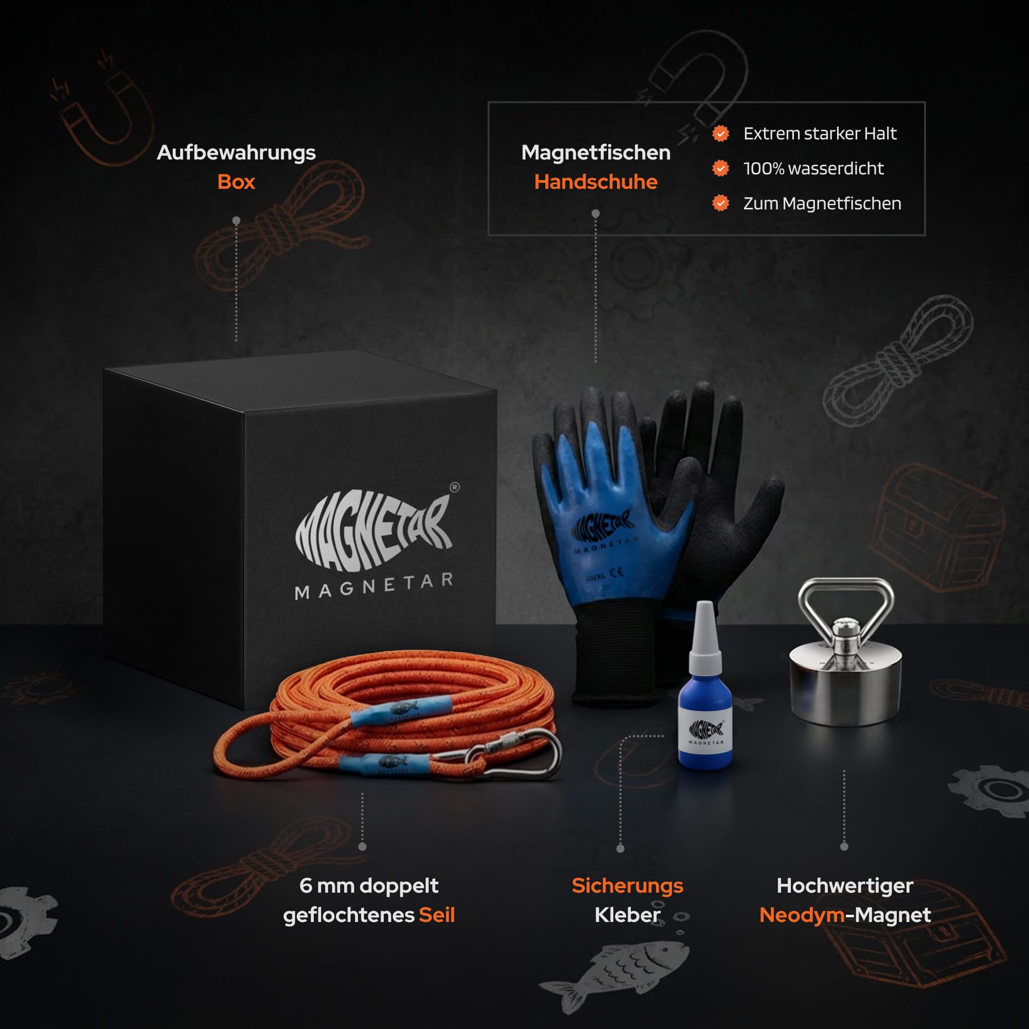 Magnetar - Magnetfischen Set - Allround 280kg Bergemagnet - Magnetangel Paket mit Haken/Seil/Handschuhen/Schutzhülle/Kleber - 360 Angelmagnet zum Magnet fischen