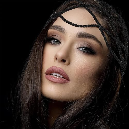 Miniatura 4 de STONEFANS Gorra de malla con diamantes de imitación negros para mujeres y niñas de los años 20 con cadena de cabeza para boda joyería de novia