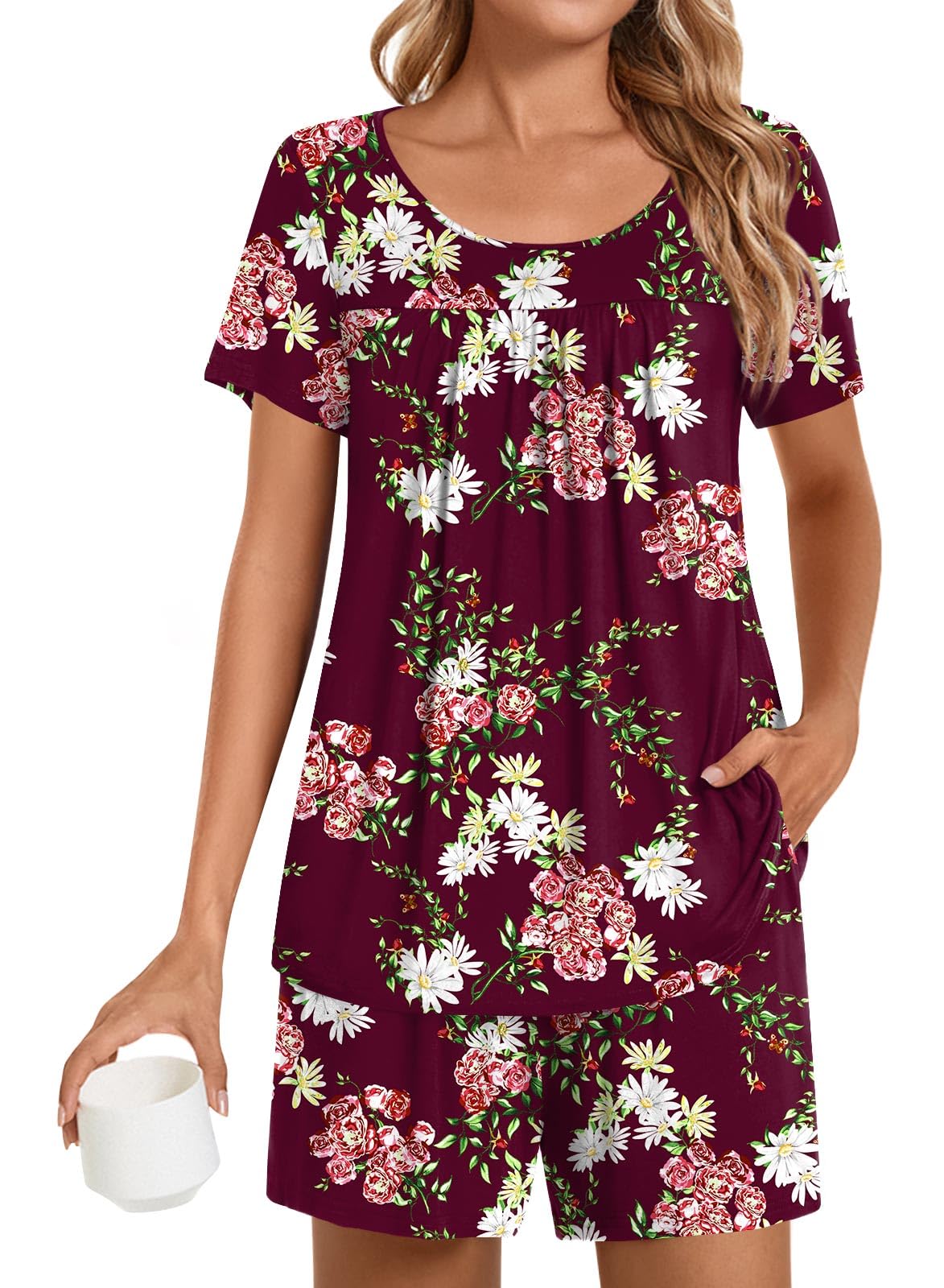 POPYOUNG Womens Pajama Sets Summer Short Sleeves 2 Piece Lounge Sleepwear Ladies Pjs Sets with Pockets