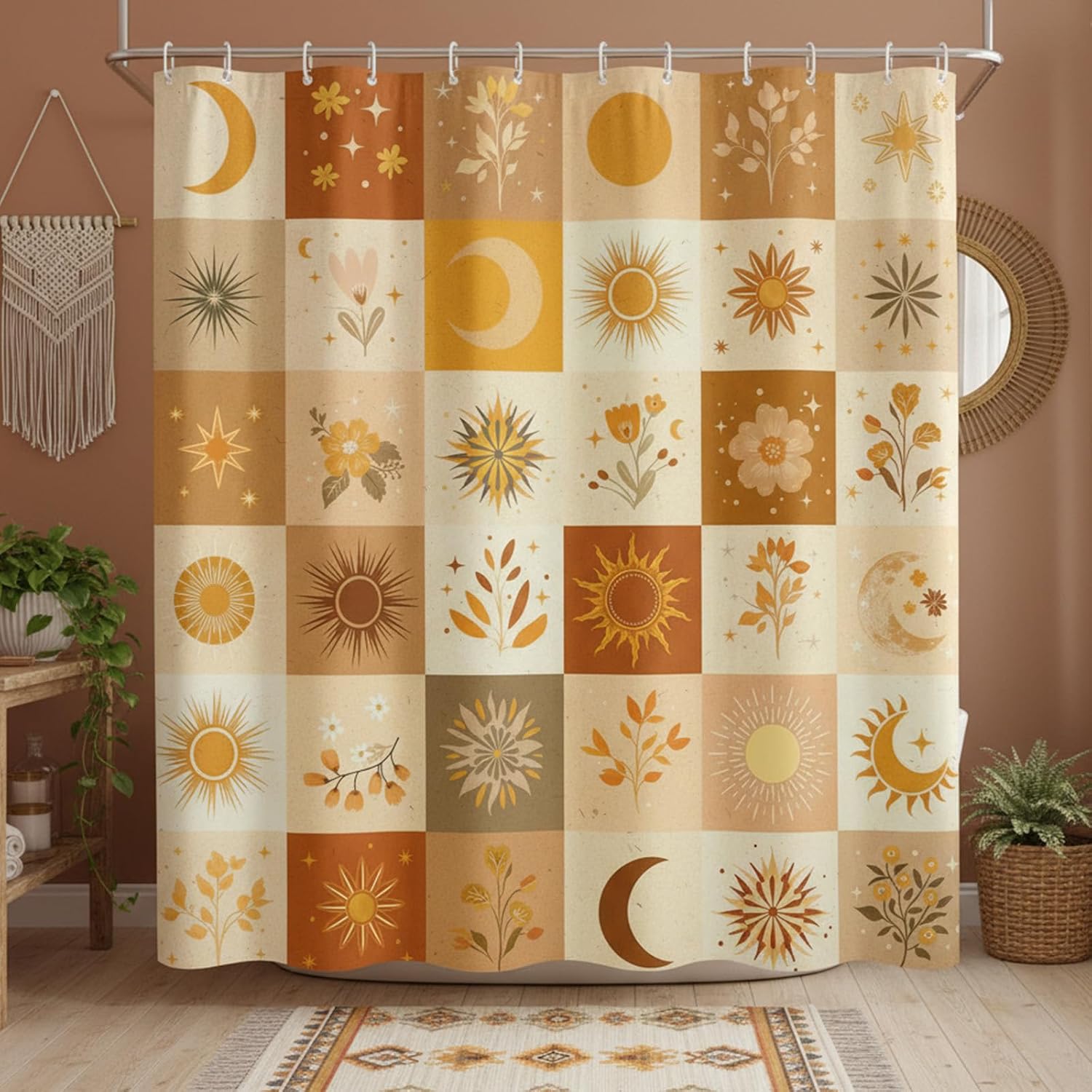 Mid-Century Modern Geometric Shower Curtain, Retro 1950s Atomic Starburst & Abstract Shapes, Vintage Orange Navy Blue Mustard Yellow Aesthetic Bathroom Decor, Waterproof Fabric, 72x72 Inch.