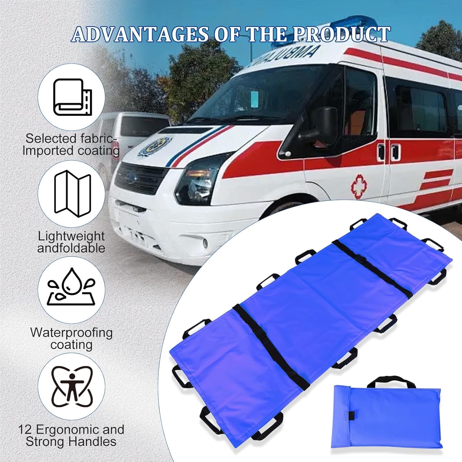 Barella morbida e portatile con 12 manici in gomma e borsa per il trasporto, barella medica pieghevole, trasportatore di animali per evacuazione di emergenza, capacità 181,4 kg, 180,3 x 71,1 cm, blu